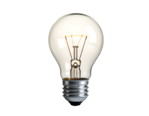 A close-up studio shot presents a classic, incandescent light bulb illuminated against a solid black backdrop. The glass is clear