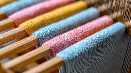 Close up of colorful yarn threads on a traditional weaving loom.