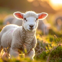 Obraz premium Adorable lamb gazing directly at the viewer with golden sunset backlight