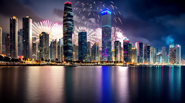 Panama City Skyline Fireworks Display at Night.