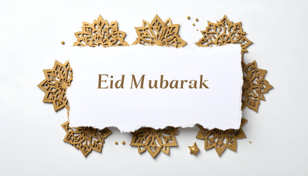 Elegant Eid Mubarak greeting card with artistic golden geometric patterns framing a beautifully torn-edge paper message, perfect for Islamic holiday celebrations and felicitations