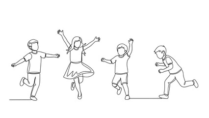 Naklejka premium Happy Children Playing & Jumping - Continuous Line Art Illustration