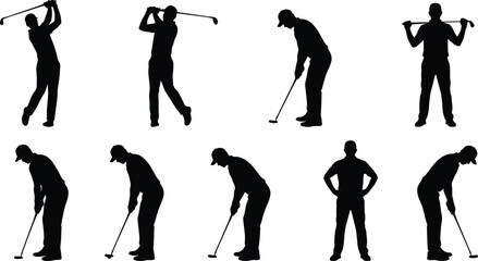 Obraz premium Black golfer silhouettes set showing golf swing putting stance isolated on white background vector illustration for sports design use