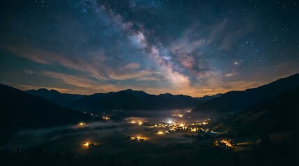 Fototapeta premium Serene night sky over a misty mountain village illuminated by distant lights under the Milky Way's glow