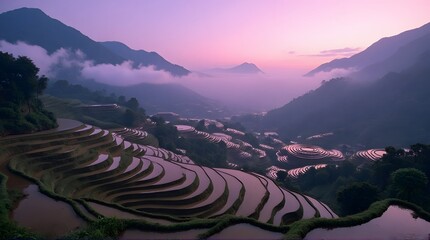 Vibrant pink sunrise over misty rice terraces and majestic mountains