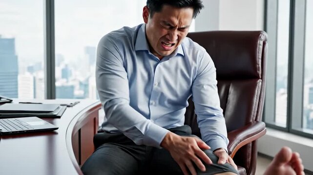 Man in Office Experiencing Knee Pain.