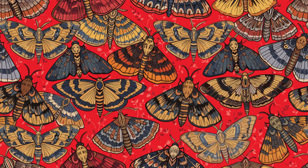 Fototapeta premium A vibrant and detailed close up pattern of many different types of moths with intricate wing designs on a bright red background.
