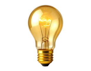 A close-up studio shot presents a lit incandescent lightbulb against a stark black backdrop, showcasing its inner filament glow