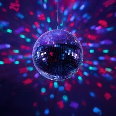 Fototapeta premium Sparkling disco ball reflecting colorful lights in blue, pink, and purple tones on a dark background. Perfect for party, dance, nightlife, and celebration design themes.