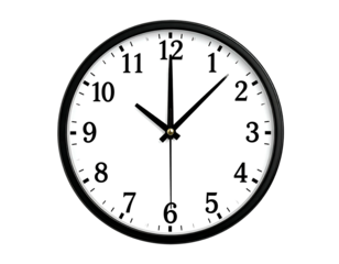 A close-up view of a circular clock with a black rim and white face, displaying the time as ten past twelve