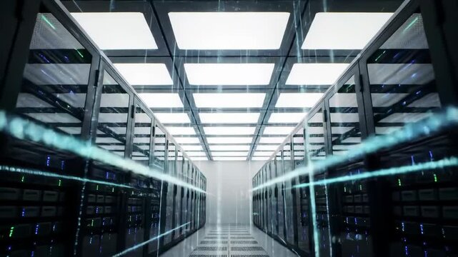 Futuristic Data Center with Rows of Servers and Bright Lighting.