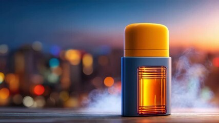 Vibrant deodorant stick on urban rooftop at sunset