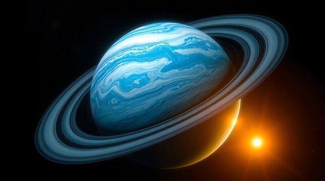 Stunning Blue Saturn Planet with Rings and Sun in Space