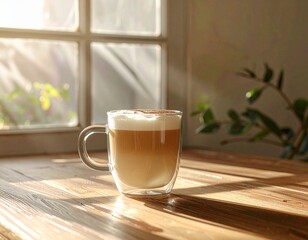 Creamy latte in transparent mug rests on wooden table, soft morning light casting gentle shadows, inviting quiet cozy coffee break