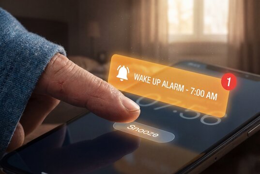 Finger tapping snooze button on smartphone screen to delay early morning wake up alarm notification