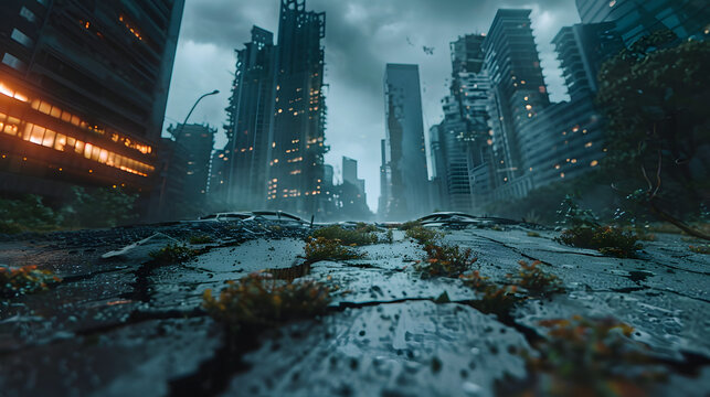 cinematic footage extreme low angle ground broken road