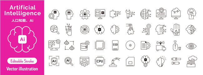 人工知能とテクノロジーのアイコンセット ベクター セット 線画（編集可能）