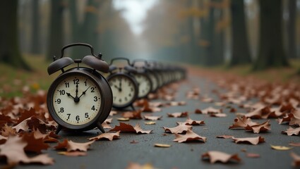Clock among autumn leaves