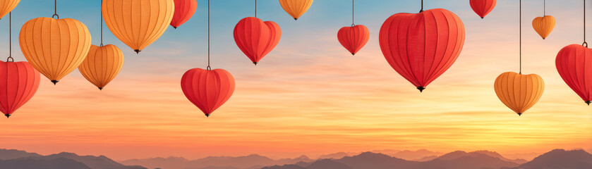 Heart shaped lantern orange and red floating in sky mountain landscape sunset romantic peaceful festive celebration dreamy warm atmosphere