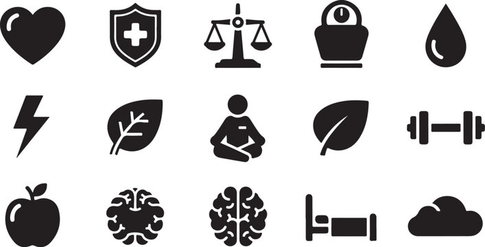 Black icons of health and wellness on white background