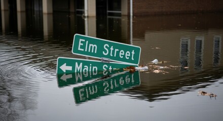 Submerged street signs in floodwaters illustrating the impact of severe flooding event