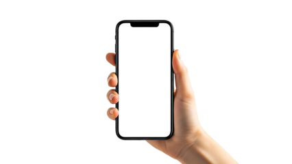 Hand holding smartphone with blank screen isolated on white background

