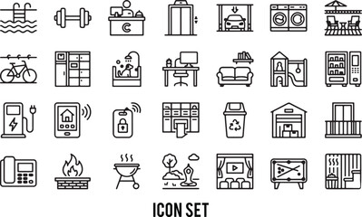 Diverse Set of Outline Icons for Amenities and Services. Editable line icons. Vector illustration
