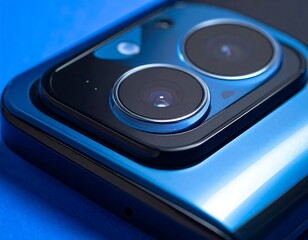 Close-up of a blue smartphone's rear camera with prominent lenses