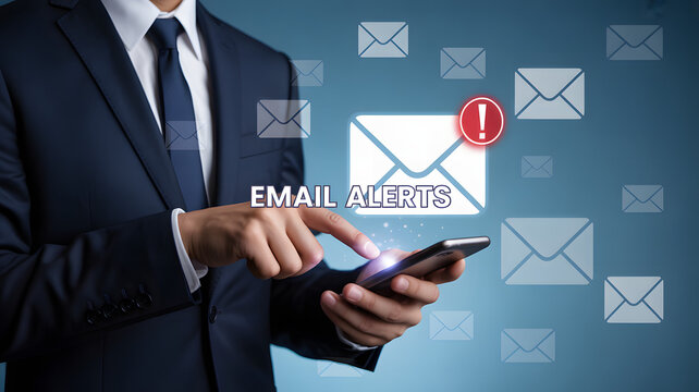 Businessman using smartphone with digital envelope icons and "EMAIL ALERTS" text on gradient blue background - Powered by Adobe