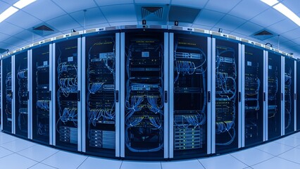 Server room infrastructure hosting data processing and information technology solutions using