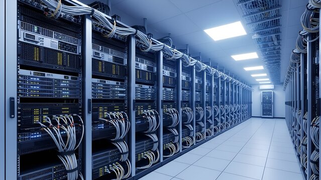 Server room panorama showcases advanced technology and extensive cable management setup for - Powered by Adobe