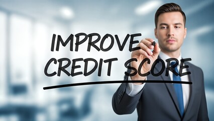 Businessman in suit writing on glass board about improving credit score, showcasing financial literacy and professional development in a modern office environment