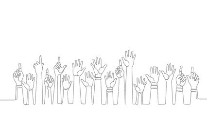 A continuous line drawing of many hands raised in the air, some with fingers pointing upwards.