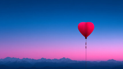 Obraz premium Heart shaped balloon pink sky mountain landscape romantic scene dreamy atmosphere sunrise peaceful style layered background love concept emotional