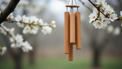 Wooden wind chime hanging among blossoms