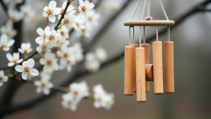 Wooden wind chime hanging among blossoms