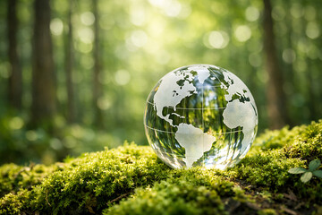 clear crystal earth sphere placed on vibrant green mossy ground in a bright forest depicting nature preservation and ecological balance for sustainable future