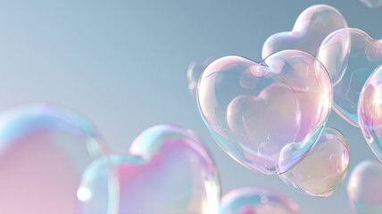 Floating heart-shaped soap bubbles in a dreamy, soft light setting, representing love and romance