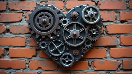 Fototapeta premium Steampunk heart gear art on brick wall