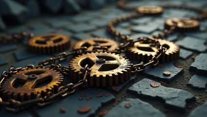 Interconnected gears on rusty surface
