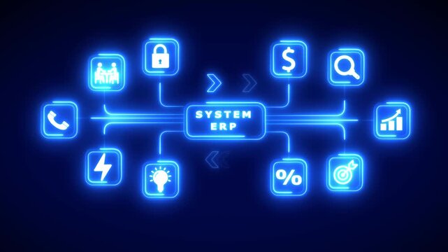 Glowing Neon Icons Connected to Central System ERP Module on Dark Blue Background Keywords: system, ERP, enterprise resource planning, business, technology, network, connection, icons, neon
