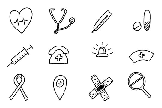 Crayon medical icons set, Hand-drawn doodle medicine icons set, isolated on transparent png