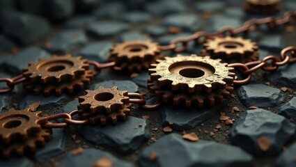 Interlocking gears on rustic surface