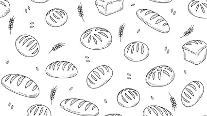 Sourdough bread background pattern, hand drawn artisan bakery sketch, vintage organic wheat grain and loaf line art drawing, rustic bakery doodle vector illustration for packaging and menu
