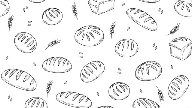 Sourdough bread background pattern, hand drawn artisan bakery sketch, vintage organic wheat grain and loaf line art drawing, rustic bakery doodle vector illustration for packaging and menu
