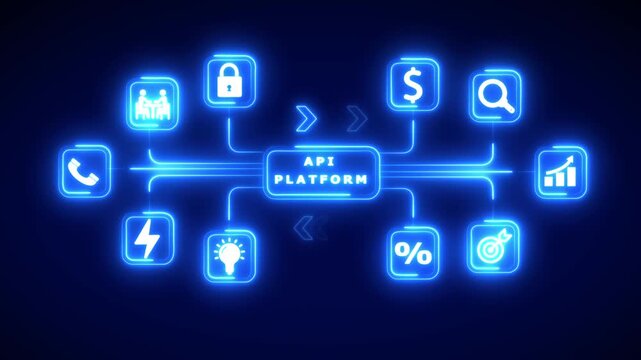 Neon Icons Connected to Central API Platform Module on Dark Blue Background Keywords: API, platform, application programming interface, technology, business, network, connection, icons, neon