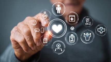Senior person interacting with digital healthcare icons and heart symbol on touch screen