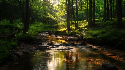 Fototapeta premium Forest landscape with river and sunlight streaming through trees nature scene