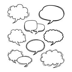 Fototapeta premium A diverse collection of hand-drawn doodle speech and thought bubbles in various shapes, perfect for comics, dialogue, and communication design.