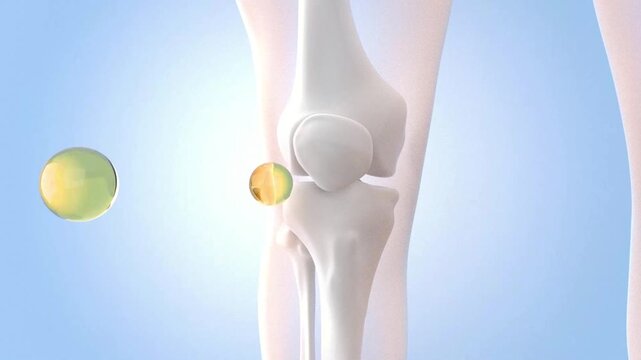Knee recovery, collagen, vitamins and calcium to relieve knee pain and prevent osteoarthritis. Treatment of knee wear and tear, aging, strengthening bones, 3D rendering.